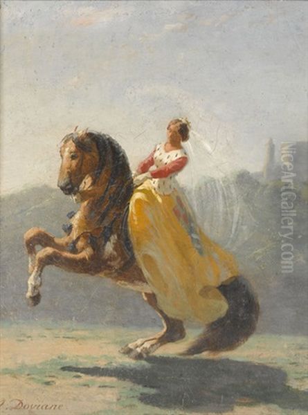 Reiterin In Gelbem Kleid Mit Pferd Oil Painting by Auguste Viande