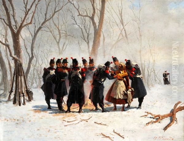 Winterliche Landschaft Mit Einer Gruppe Schweizer Milizsoldaten Die Sich An Einem Feuer Warmen Oil Painting by Auguste Viande