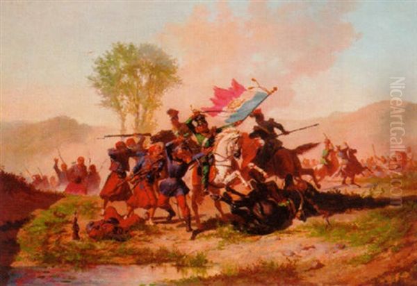 A Cavalry Skirmish Between French And Polish Soldiers Oil Painting by Auguste Viande