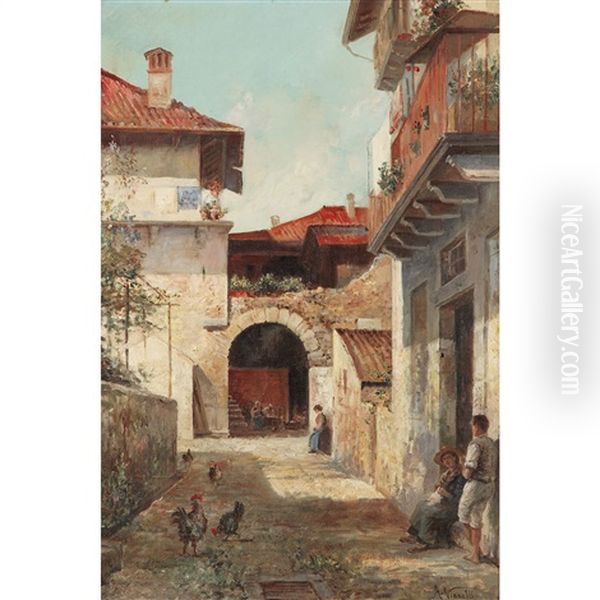 Scene De Village Oil Painting by Achille Vianelli