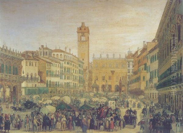 View Of The Piazza Del'erbe, Verona Oil Painting by Achille Vianelli