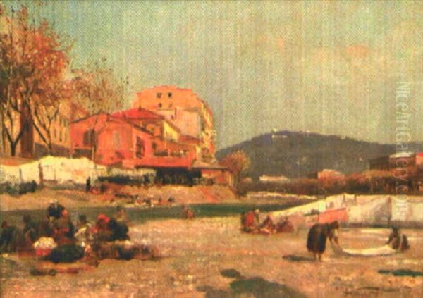 Nice, Lavandieres Dans Le Paillon Devant Le Pont Barla Oil Painting by Alberto Vianelli