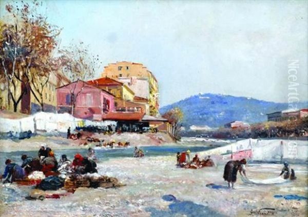 Lavandieres Au Bord Du Paillon Oil Painting by Alberto Vianelli