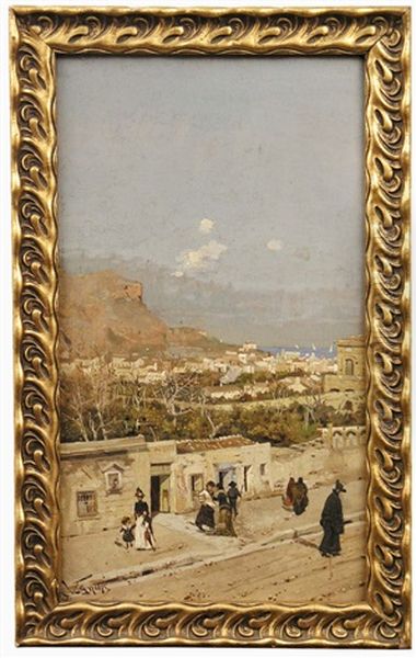 Strasenszene In Einer Italienische Hafenstadt Mit Spaziergangern Oil Painting by Alberto Vianelli