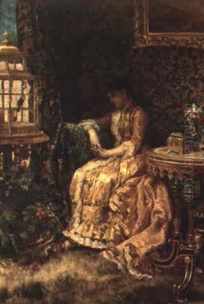 A Pensive Young Woman Sitting In And Interior Oil Painting by Alberto Vianelli