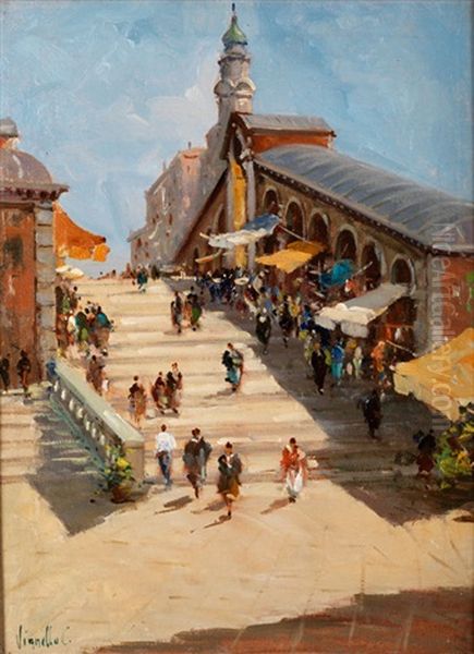 Die Rialtobrucke In Venedig Oil Painting by Cesare Vianello