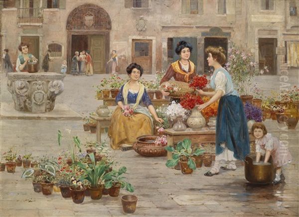 Am Blumenmarkt Oil Painting by Cesare Vianello