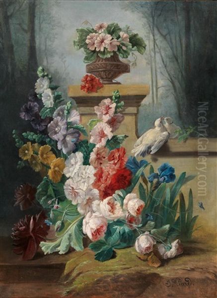 A Floral Still Life With Turtle Doves On A Park Wall Oil Painting by Georges Viard