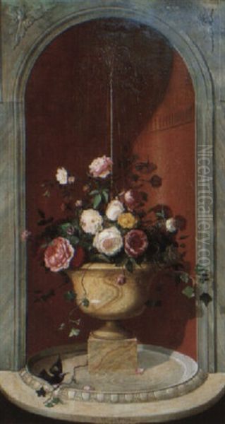 Vasque De Fleurs Et Moineau Pres De La Fontaine Oil Painting by Georges Viard