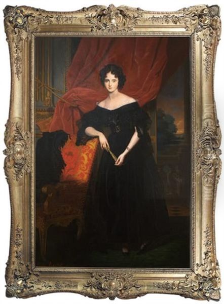 Portrait Of A Woman Shown Standing, Wearing A Black Satin And Lace Gown Against A Red Velvet Curtain, Distant Landscape Oil Painting by Leon Viardot