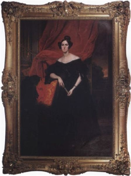 Portrait Of A Woman Wearing A Black Satin And Lace Gown Against A Red Velvet Curtain, Distant Landscape Oil Painting by Leon Viardot