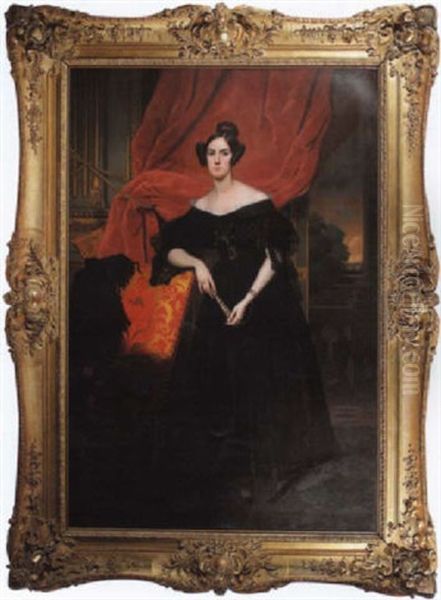 Portrait Of A Woman Shown Standing, Wearing A Black Satin And Lace Gown Against A Red Velvet Curtain, Distant Landscape Oil Painting by Leon Viardot