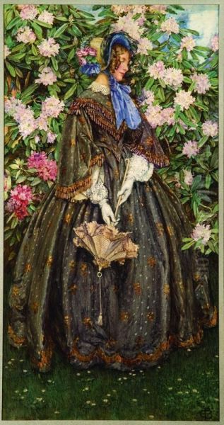 Victorian Lady Standing Before A Large Rhododendron Oil Painting by Eleanor Fortescue Brickdale