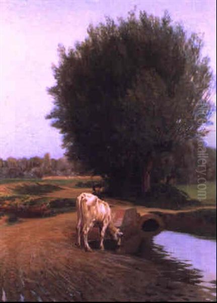 Mucca Al Pascolo Presso Un Rio Oil Painting by Cesare Viazzi