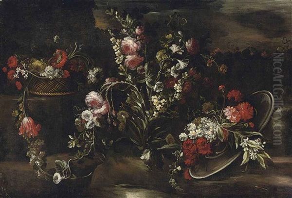 Tulips, Roses, Carnations, Narcissi, And Other Flowers In A Landscape Oil Painting by Francesca Vicenzina