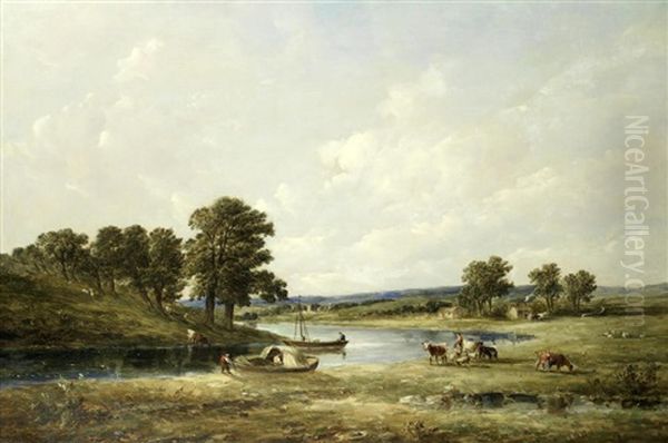 Riverside Activity Oil Painting by Alfred Vickers