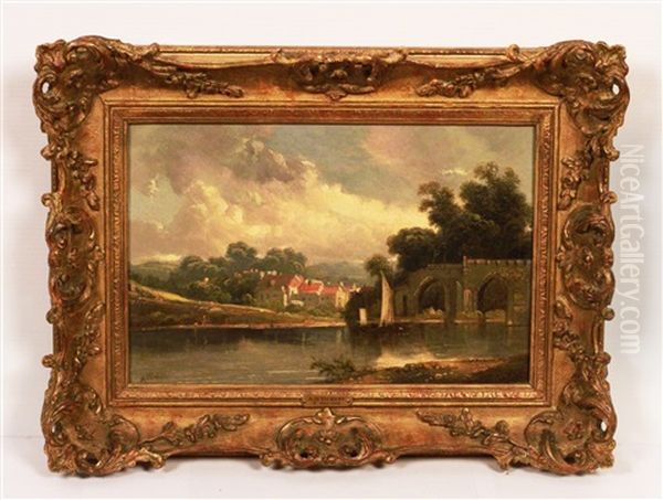 Paysage A La Riviere Au Fond Un Village Et Un Pont Neogothique by Alfred Vickers