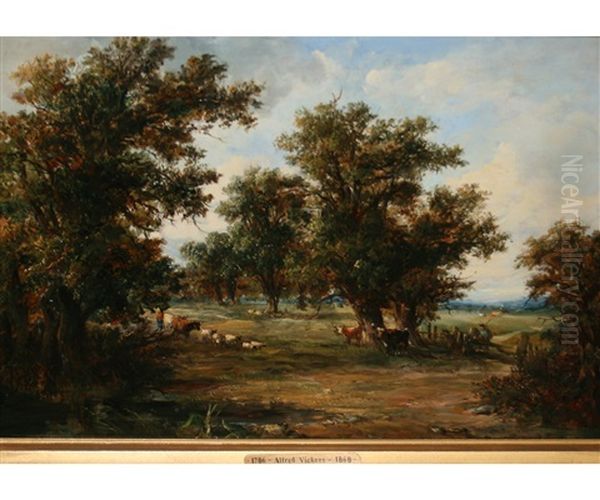 Drover With Cattle In Wooded Landscape Oil Painting by Alfred Vickers