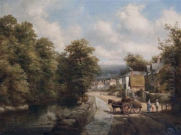 A Village Scene (+ A Horse And Cart Before Cottages; Pair) Oil Painting by Alfred Gomersal Vickers