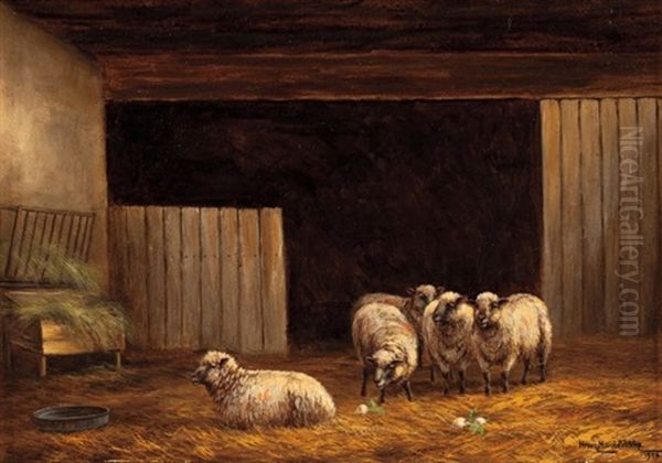 Sheep In A Stable Oil Painting by Henry Harold Vickers