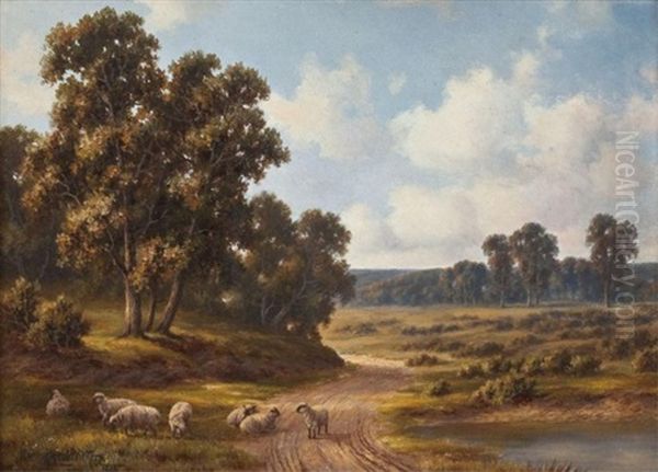 Sheep By A Meadow Lane Oil Painting by Henry Harold Vickers