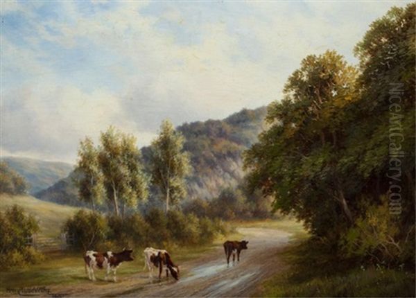 Cattle On A Lane Oil Painting by Henry Harold Vickers