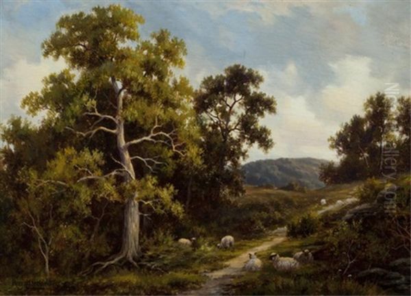 Sheep On A Lane Oil Painting by Henry Harold Vickers