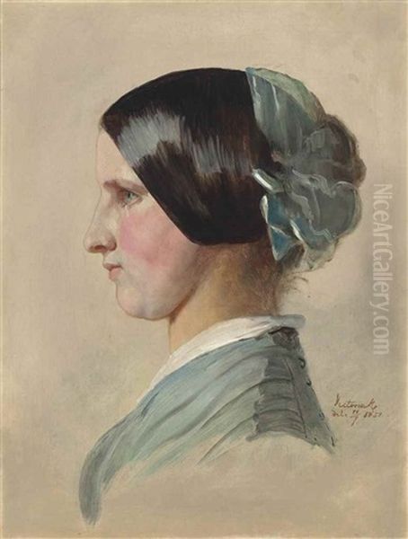 Head Of A Maid, In Profile To The Left, In A Blue Dress, With Ribbons In Her Hair Oil Painting by  Victoria (Queen of England)