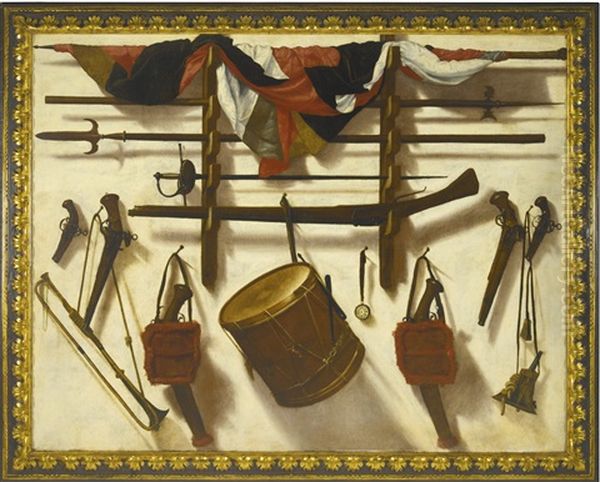 Trompe L'oeil Of A Gun Rack With A Flag, A Sword, Two Pikes, Two Muskets, A Watch, A Drum, A Trumpet And Other Objects, All Hanging Against A White Wall Oil Painting by Vicente Victoria