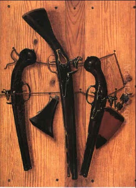 Trompe L' Oeil Med Et Par Ripoll Pistoler Med Miquelet Lase (ca. 1690), En Spansk Karbin, Krudtbehorn Og Jagtkniv Oil Painting by Vicente Victoria