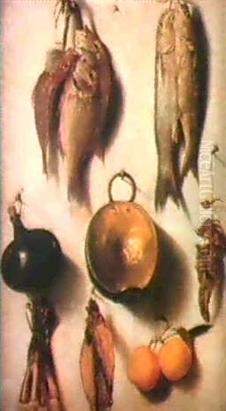 Trompe-l'oeil Aux Poissons Et Aux Piments Oil Painting by Vicente Victoria