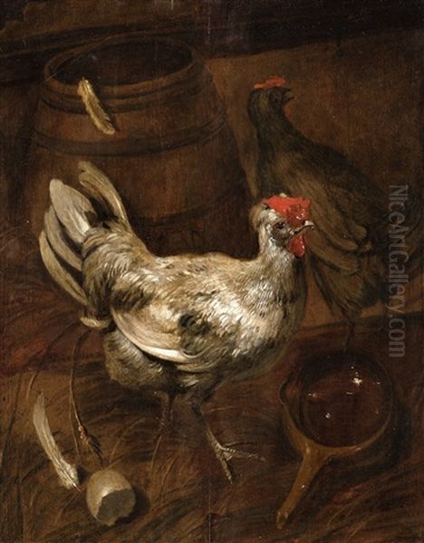 Chickens In A Barn Oil Painting by Giacomo (Jacobus) Victors