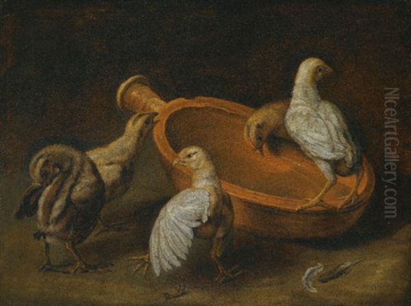 Five Chicks Assembled Around A Bowl Of Water Oil Painting by Giacomo (Jacobus) Victors