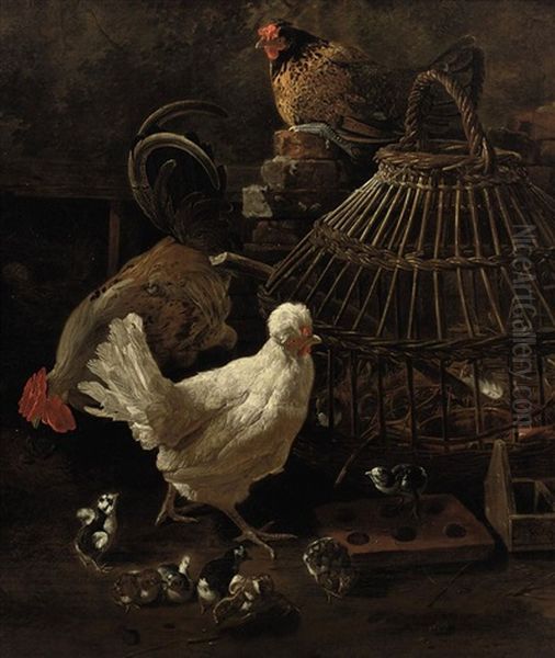 Three Hens With Chicks Near A Reed Cage Oil Painting by Giacomo (Jacobus) Victors