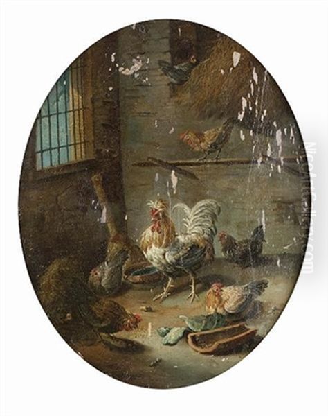 The Interior Of A Dovecote (+ A Cockerel And Hens In A Coop; Pair) Oil Painting by Giacomo (Jacobus) Victors