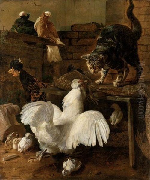 Zuffa Nel Cortile Tra Gatto E Gallina Oil Painting by Giacomo (Jacobus) Victors