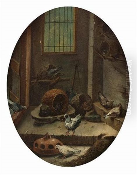 The Interior Of A Dovecote (+ A Cockerel And Hens In A Coop; Pair) Oil Painting by Giacomo (Jacobus) Victors