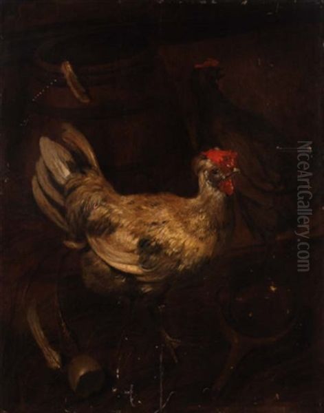 A Still Life With Chickens And A Barrel Oil Painting by Giacomo (Jacobus) Victors