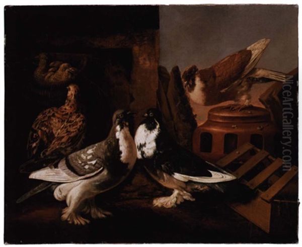 Still Life Of Two Courting Doves, A Partridge And Her Chicks, And A Further Dove Beyond Perched On A Jar Oil Painting by Giacomo (Jacobus) Victors