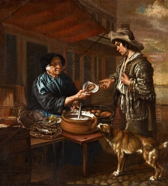 A Lady Giving Alms To A Beggar Boy Oil Painting by Jan Victors