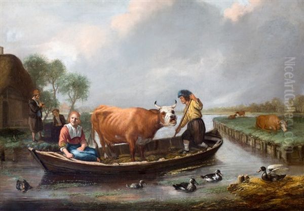 Boeren Met Koe In Een Overzetpontje Oil Painting by Jan Victors