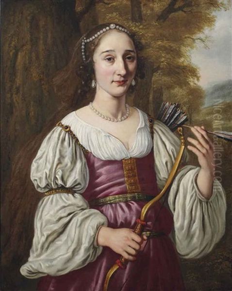 Portrait Of A Young Lady As Diana, Half-length, In A Violet Dress And Pearl Jewellery, Holding A Bow And Quiver Oil Painting by Jan Victors