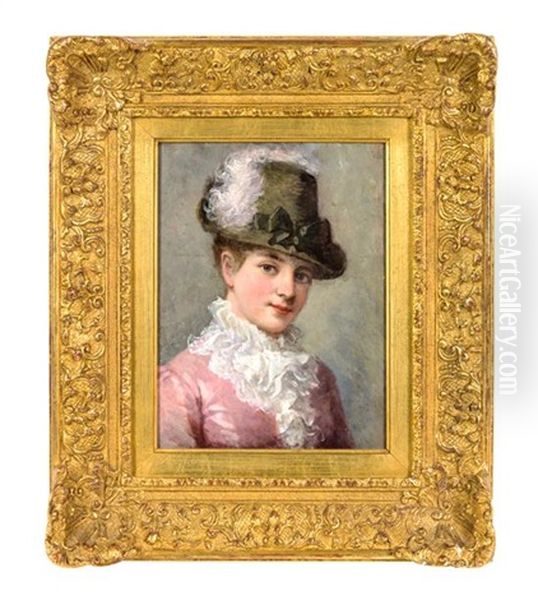 Lady In A Pink Dress And A Green Hat With Plumes Oil Painting by Eugene Vincent Vidal