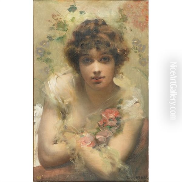 Portrait Of A Young Woman With Flowers Oil Painting by Eugene Vincent Vidal