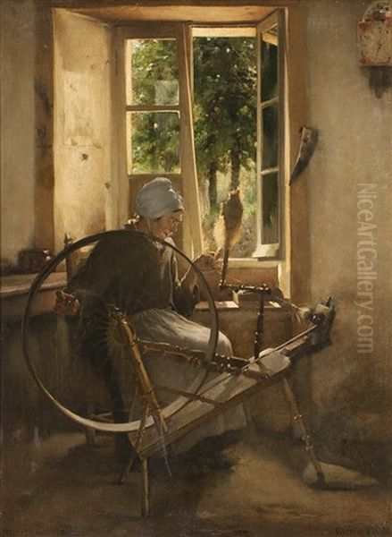 Bauerin Am Spinnrad Oil Painting by Eugene Vincent Vidal