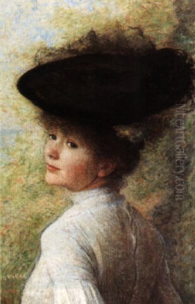 Young Girl In A Black Hat Oil Painting by Eugene Vincent Vidal