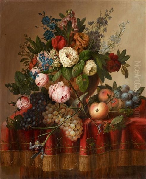 Still Life With Flowers And Fruit Oil Painting by Louis Vidal