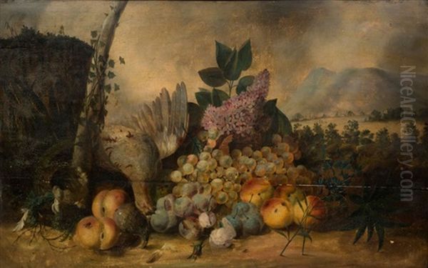 Fruits Et Fleurs Sur Fond De Paysage Oil Painting by Louis Vidal