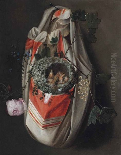 A Birds Nest With A Rose And Grapes Oil Painting by Louis Vidal