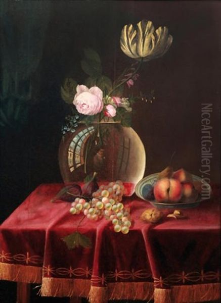 Nature Morte Au Bouquet De Fleurs Et A La Coupe De Fruits Dispose Sur Un Entablement Oil Painting by Louis Vidal